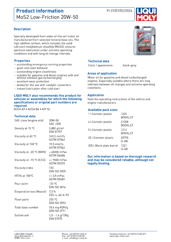 Liqui Moly MoS2 Low-Friction 20W-50 - Image 3